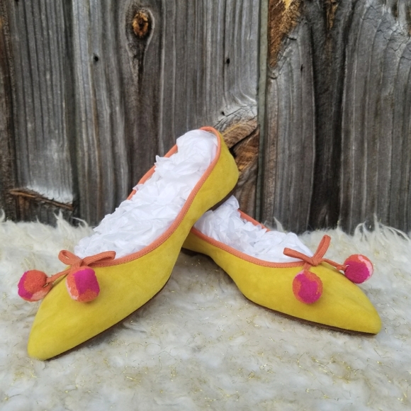 7.5 Flats J. Crew Gemma Suede Yellow PomPom Ballet Flat Leather